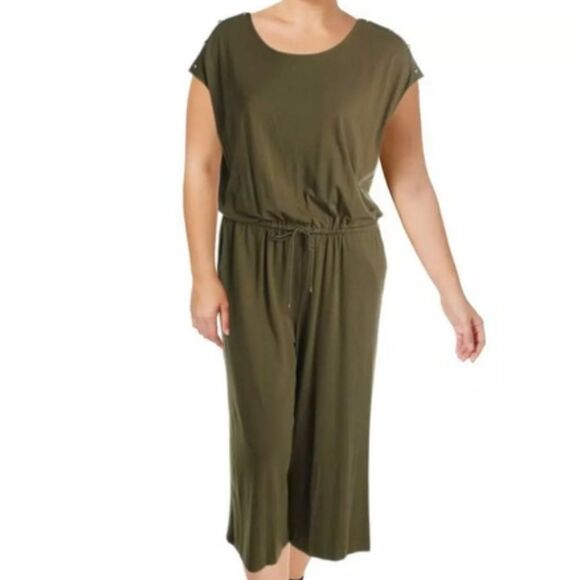 LAUREN RALPH LAUREN SZ XS DARK OLIVE KNIT CAP SLEEVE DRAWSTRING CROPPED JUMPSUIT - Picture 1 of 12